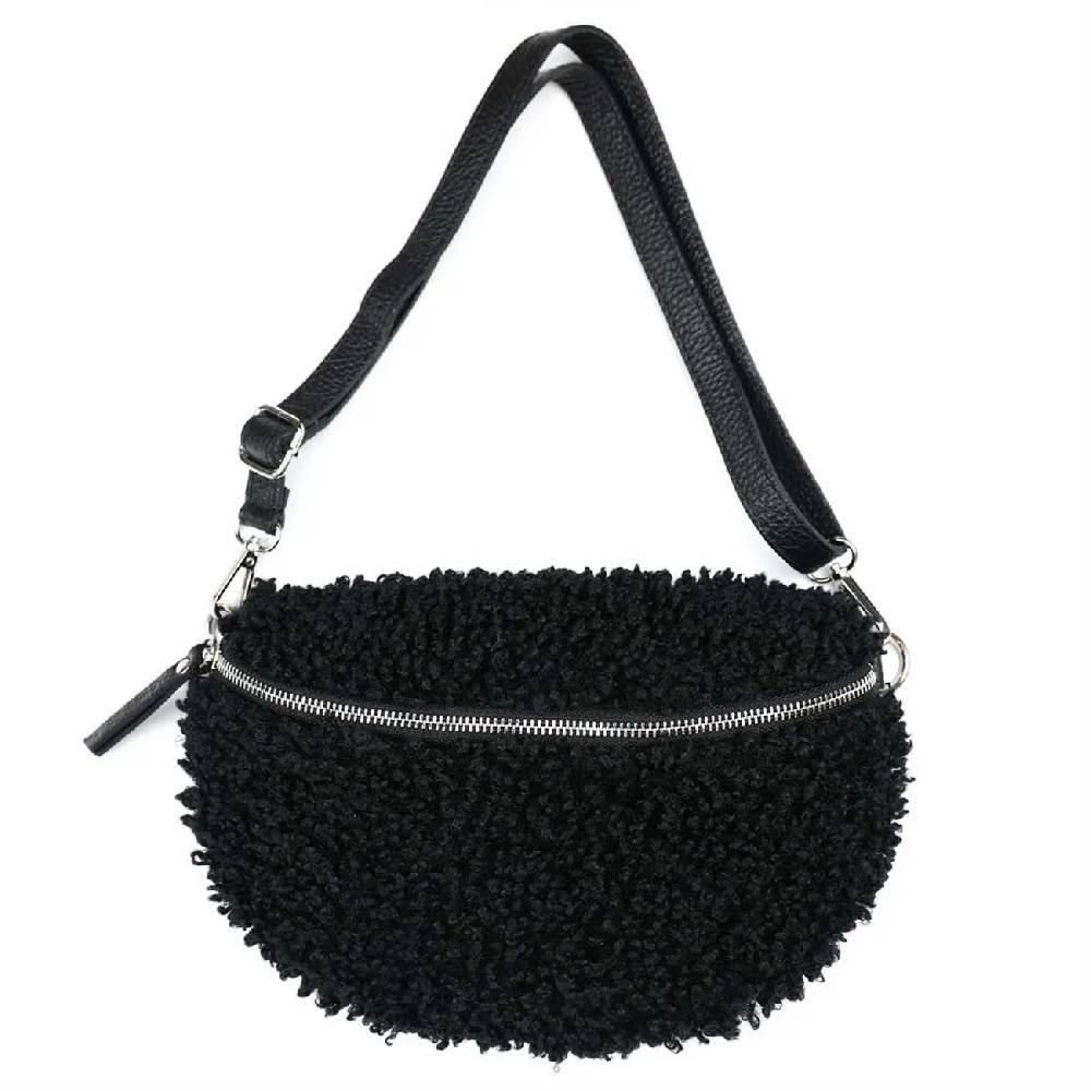 OBC Made in Italy Damen Teddyfell Tasche Leder Jeans Plüsch Bauchtasche Hüfttasche Schultertasche Bodybag Umhängetasche Crossbody Teddyplüsch Handytasche Crossbag Gürteltasche Kostenloser Versand international
