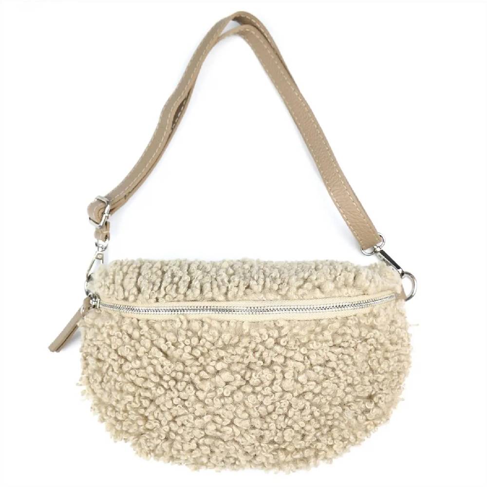 OBC Made in Italy Damen Teddyfell Tasche Leder Jeans Plüsch Bauchtasche Hüfttasche Schultertasche Bodybag Umhängetasche Crossbody Teddyplüsch Handytasche Crossbag Gürteltasche Kostenloser Versand international