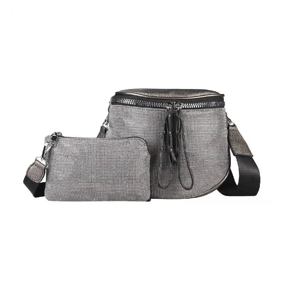 DAMEN TASCHEN SET 2in1 Schultertasche + Schmucktasche Strasssteine Umhängetasche Crossbody Crossover Leder Optik Handtasche Metallic Shopper Rabatte dieses Monats