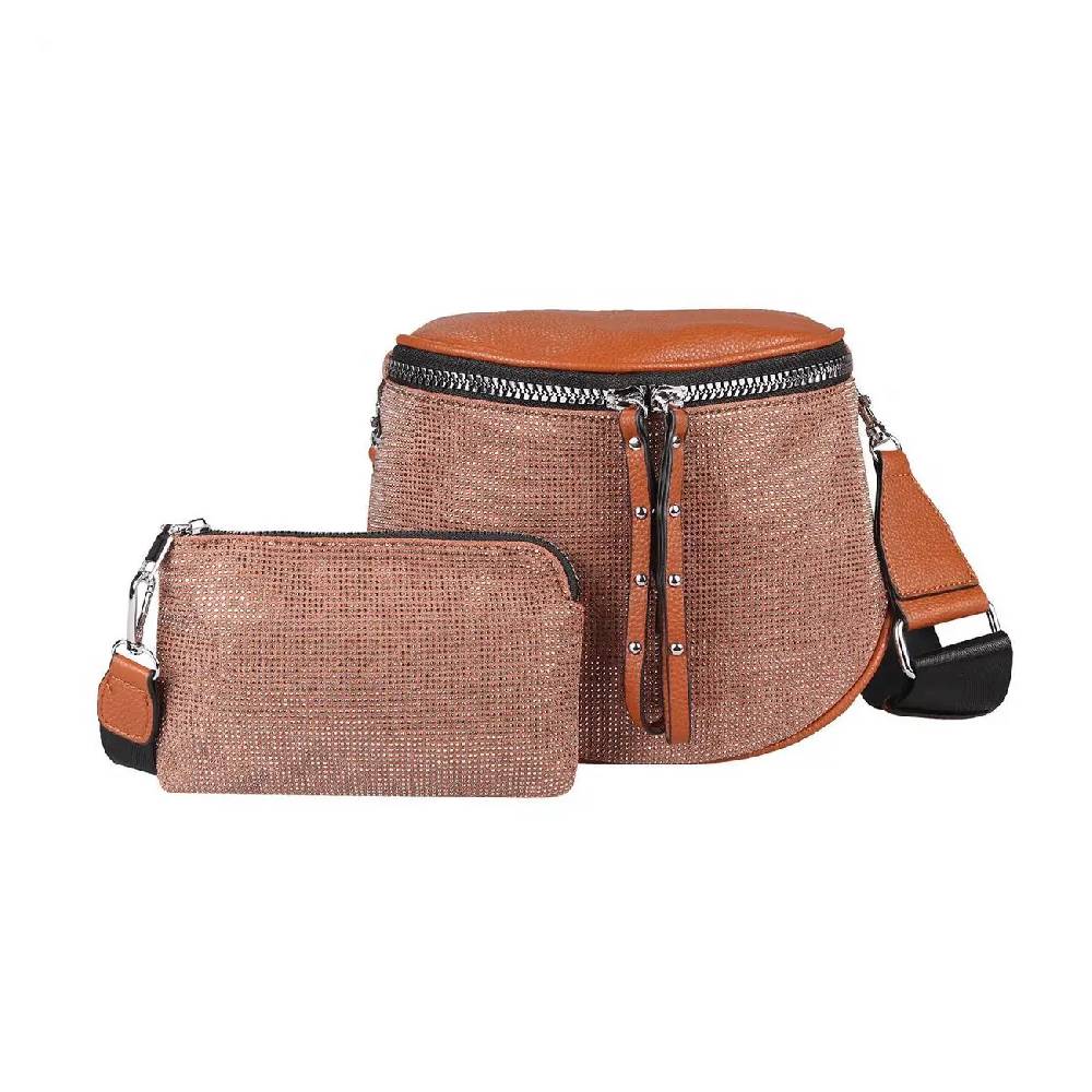 DAMEN TASCHEN SET 2in1 Schultertasche + Schmucktasche Strasssteine Umhängetasche Crossbody Crossover Leder Optik Handtasche Metallic Shopper Rabatte dieses Monats