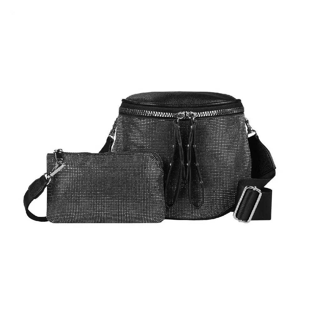 DAMEN TASCHEN SET 2in1 Schultertasche + Schmucktasche Strasssteine Umhängetasche Crossbody Crossover Leder Optik Handtasche Metallic Shopper Rabatte dieses Monats
