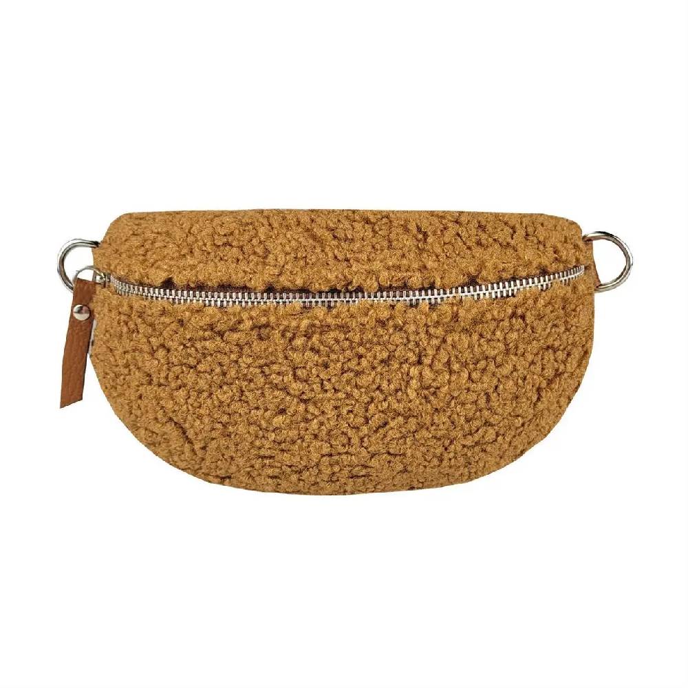 Made in Italy DAMEN LEDER Gürteltasche Crossbody Teddyfell Bauchtasche Hüfttasche Kunstfell Umhängetasche Brusttasche CrossOver Bodybag Schultertasche Teddy Pelz Fell Plüsch Auslauf