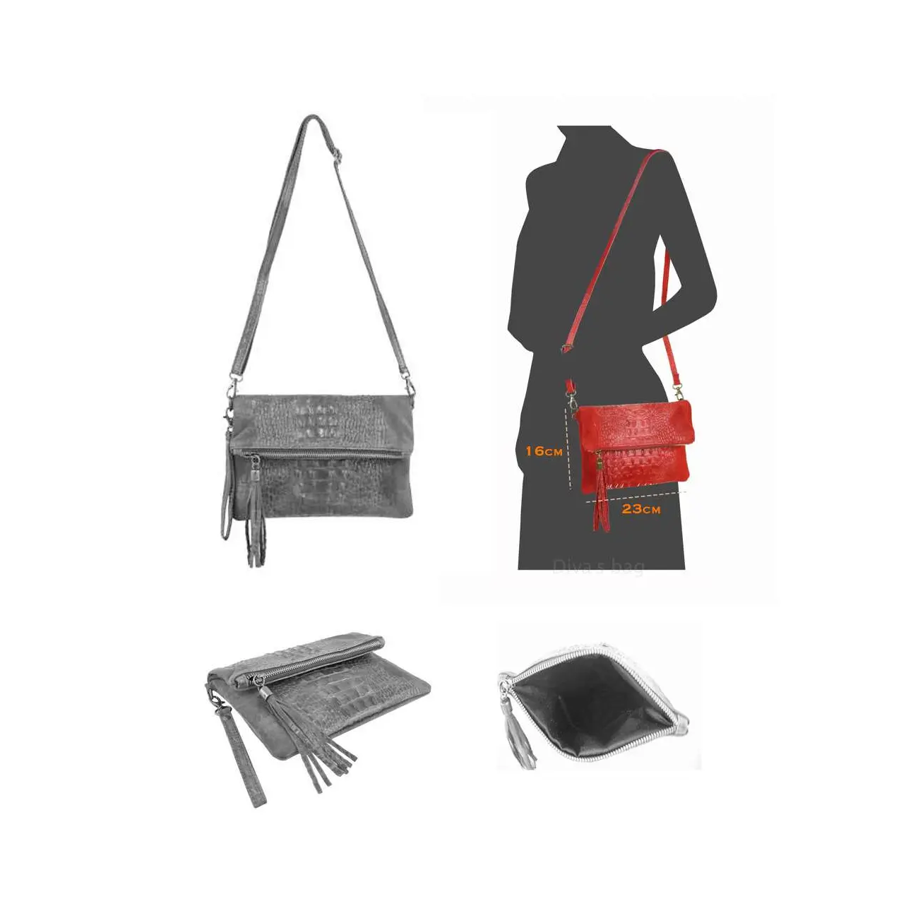OBC Made in Italy DAMEN echt LEDER Clutch TASCHE Kroko Wildleder Handtasche Umhängetasche Ledertasche Schultertasche Fransen Cross-Over im Angebot
