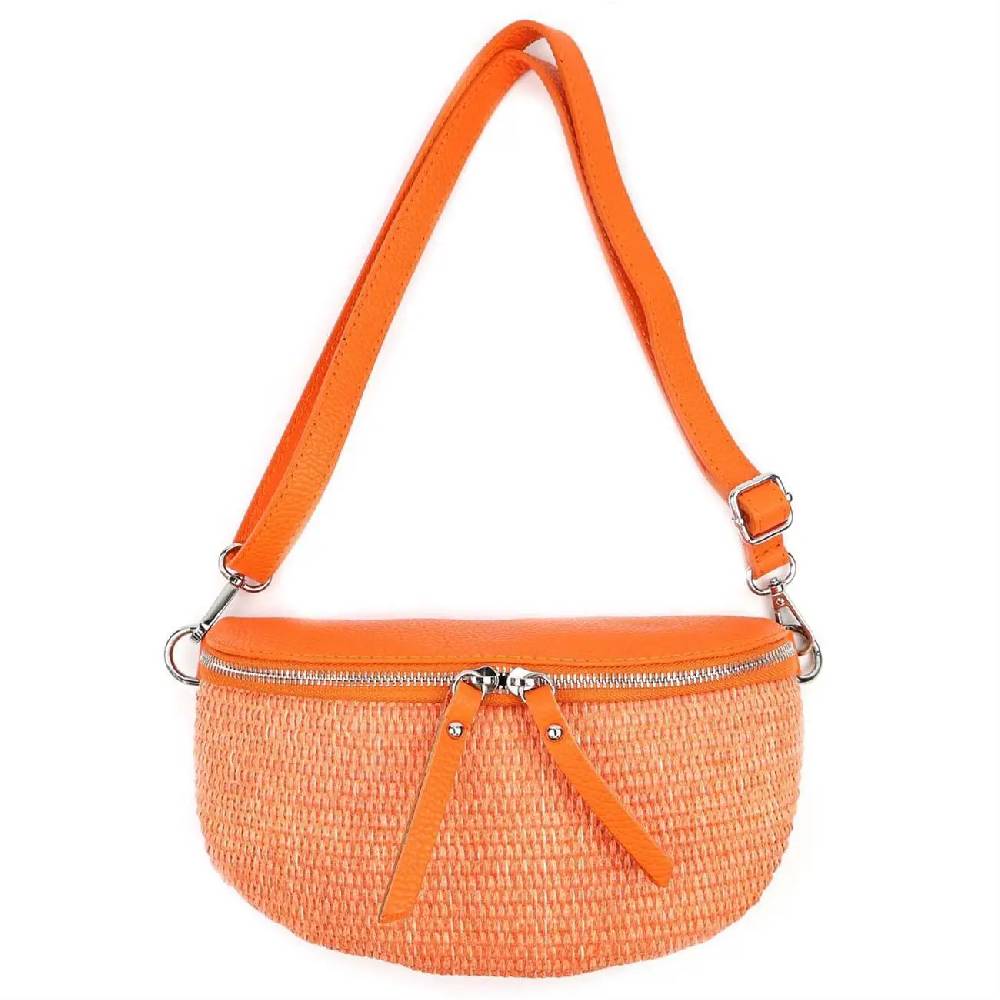Made in Italy Damen Leder Tasche Basttasche Schultertasche Gürteltasche Sommer Strandtasche Crossbody Bauchtasche Umhängetasche Cross-Over Bodybag Handytasche Geflochten Bast Abendtasche Blitzangebot
