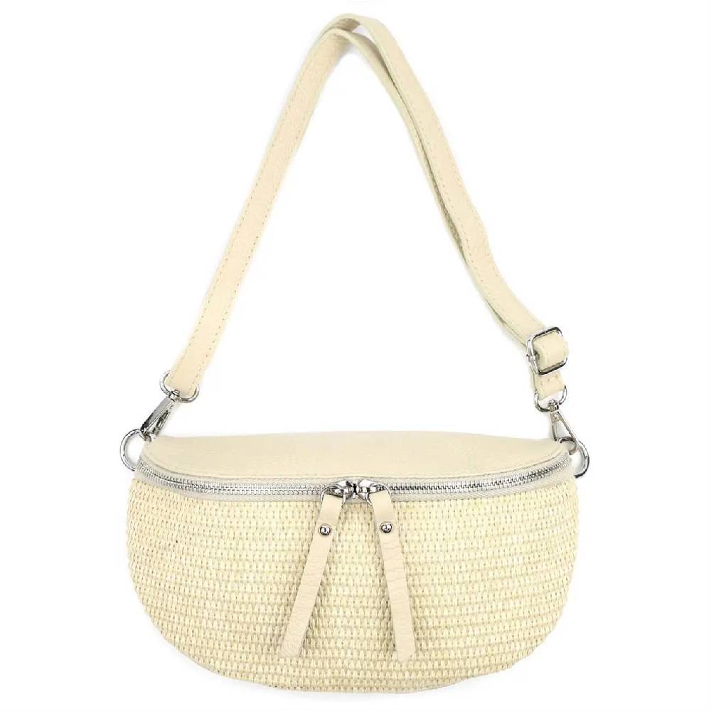 Made in Italy Damen Leder Tasche Basttasche Schultertasche Gürteltasche Sommer Strandtasche Crossbody Bauchtasche Umhängetasche Cross-Over Bodybag Handytasche Geflochten Bast Abendtasche Blitzangebot