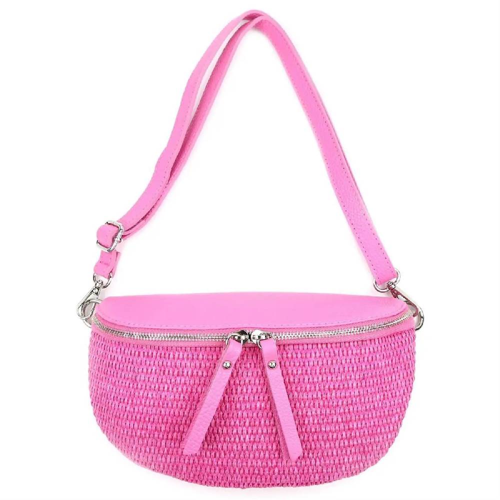 Made in Italy Damen Leder Tasche Basttasche Schultertasche Gürteltasche Sommer Strandtasche Crossbody Bauchtasche Umhängetasche Cross-Over Bodybag Handytasche Geflochten Bast Abendtasche Blitzangebot