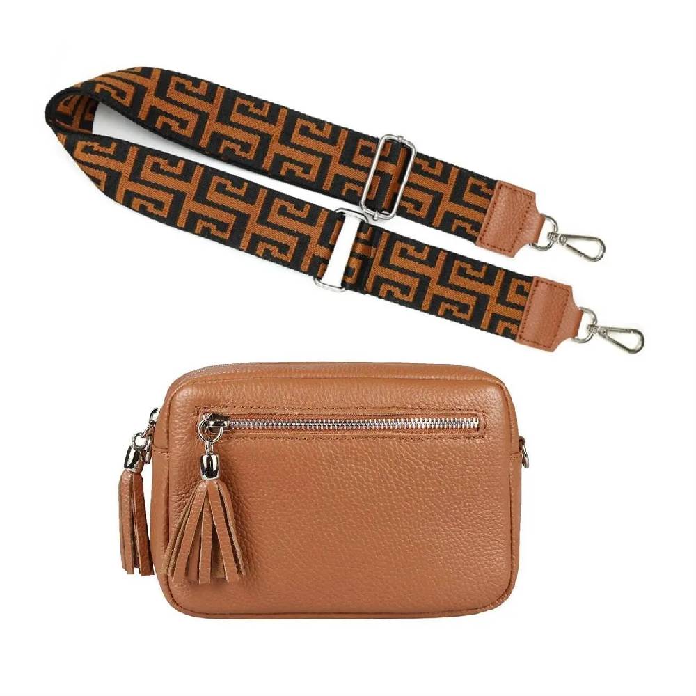 OBC Made in Italy DAMEN LEDER TASCHE mit extra breitem Zusatz Tragegurt Umhängetasche Schultertasche Beuteltasche Cross-Over Cross Bag Glattleder Schmucktasche Fransen Ledertasche 50% Rabatt für begrenzte Zeit