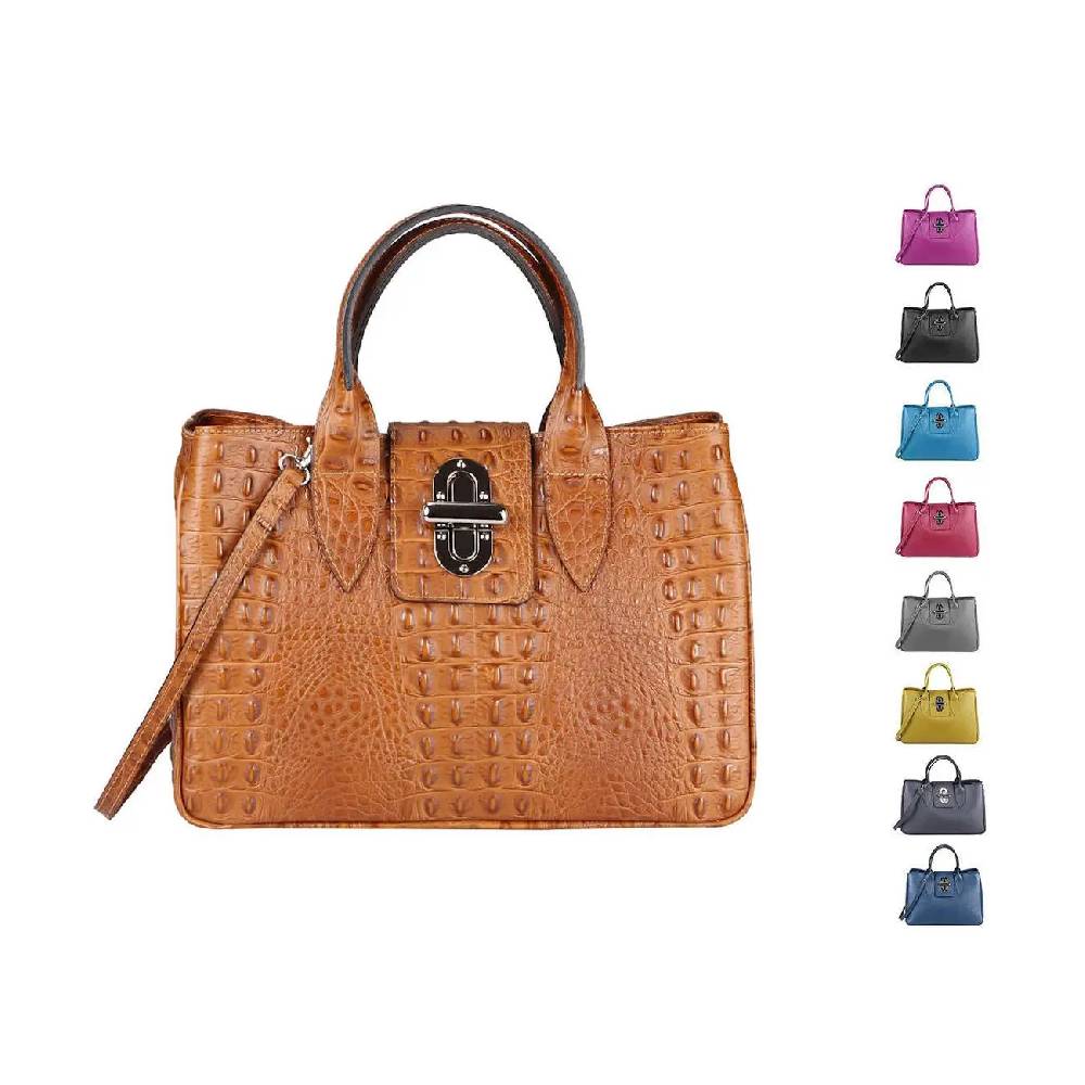 OBC Made in Italy Damen Echt Leder Tasche Business Shopper Glattleder oder Kroko Print Prägung Henkeltasche Schultertasche Handtasche Ledertasche Umhängetasche Hobo Tote Bag
