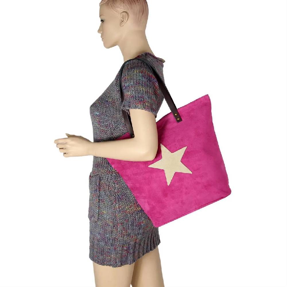 OBC Made in Italy Damen Tasche Leder Velourleder Wildleder Stern Shopper Schultertasche Umhängetasche Online Outlet