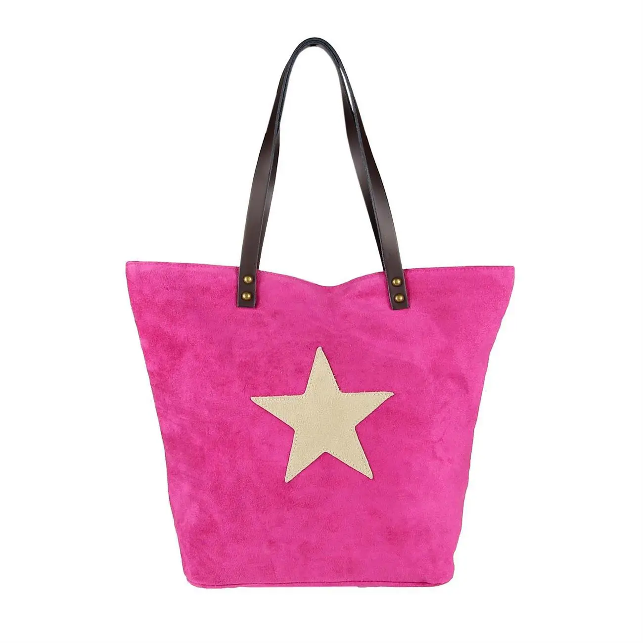 OBC Made in Italy Damen Tasche Leder Velourleder Wildleder Stern Shopper Schultertasche Umhängetasche Online Outlet