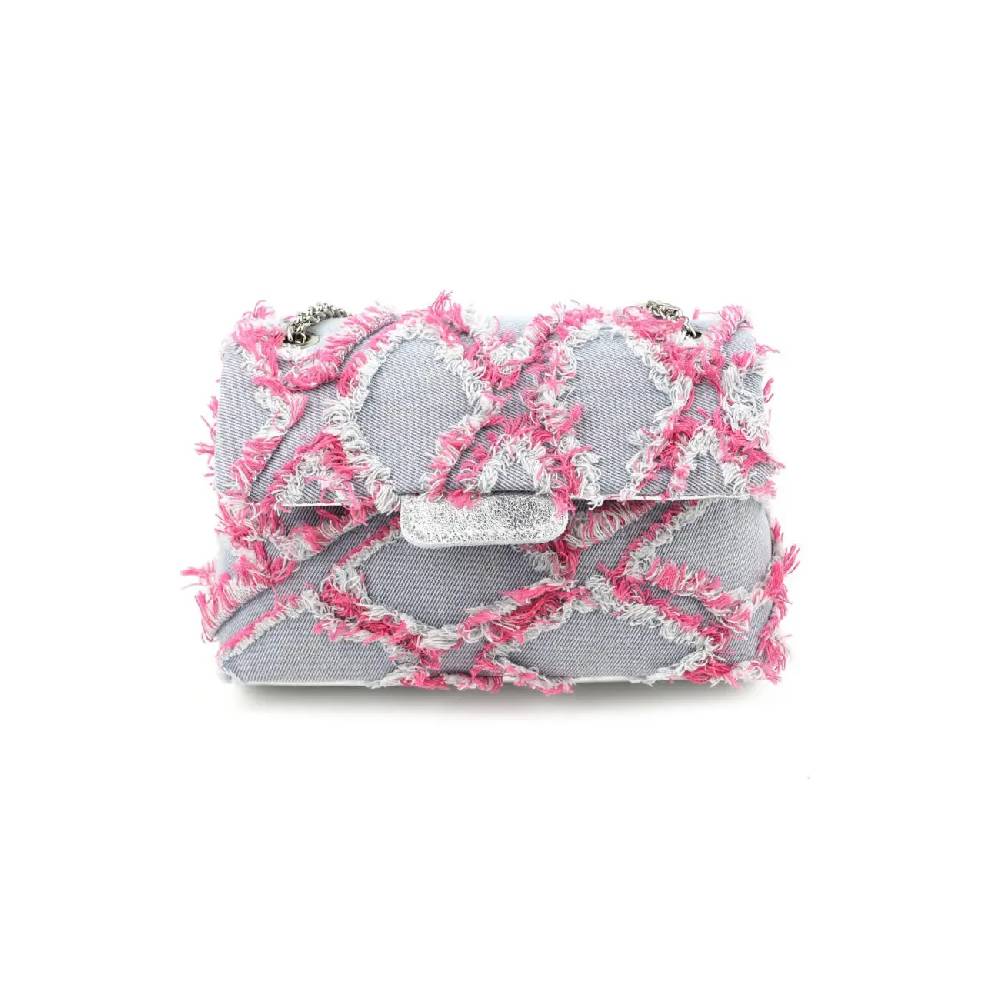 OBC MADE IN ITALY Damen Vintage Jeans Denim Leder Tasche Kettengriff Umhängetasche Clutch Jeanstasche Schultertasche Umhängetasche gesteppte Used Look Cross Over Body Bag Black Friday Preise