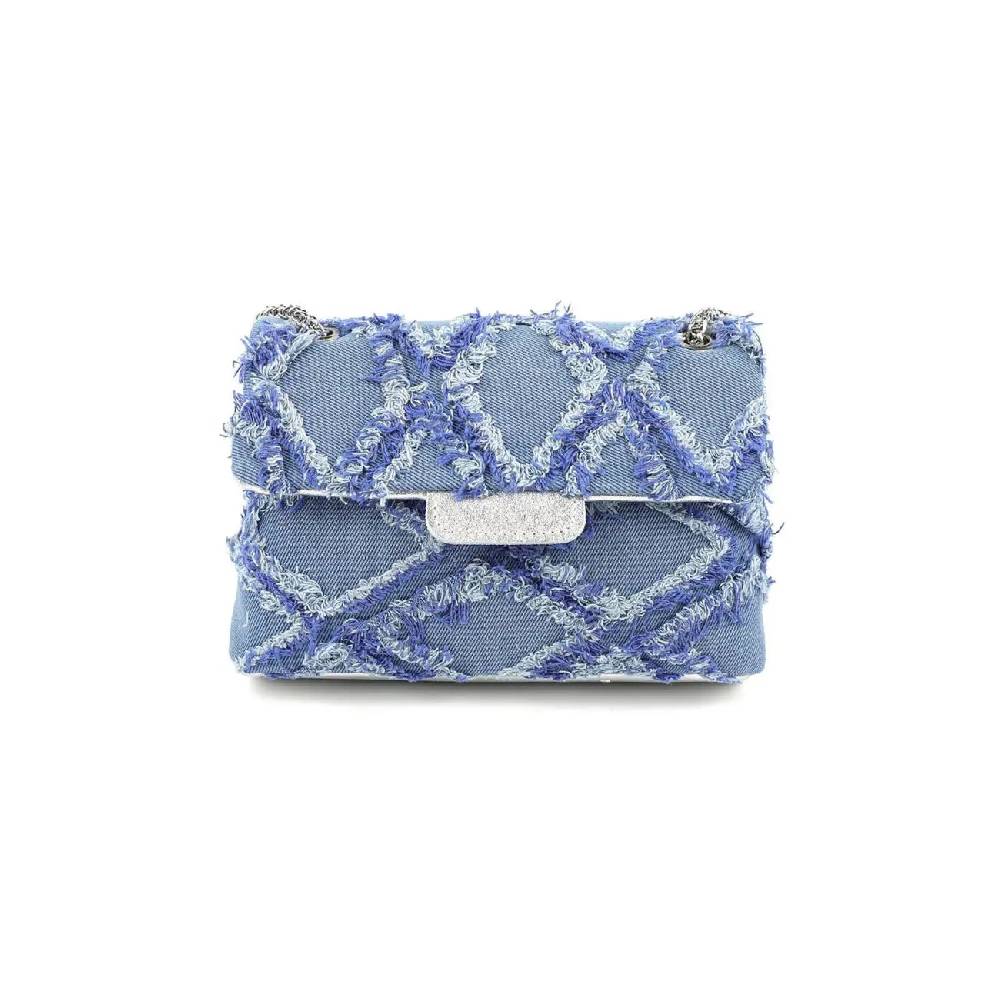 OBC MADE IN ITALY Damen Vintage Jeans Denim Leder Tasche Kettengriff Umhängetasche Clutch Jeanstasche Schultertasche Umhängetasche gesteppte Used Look Cross Over Body Bag Black Friday Preise