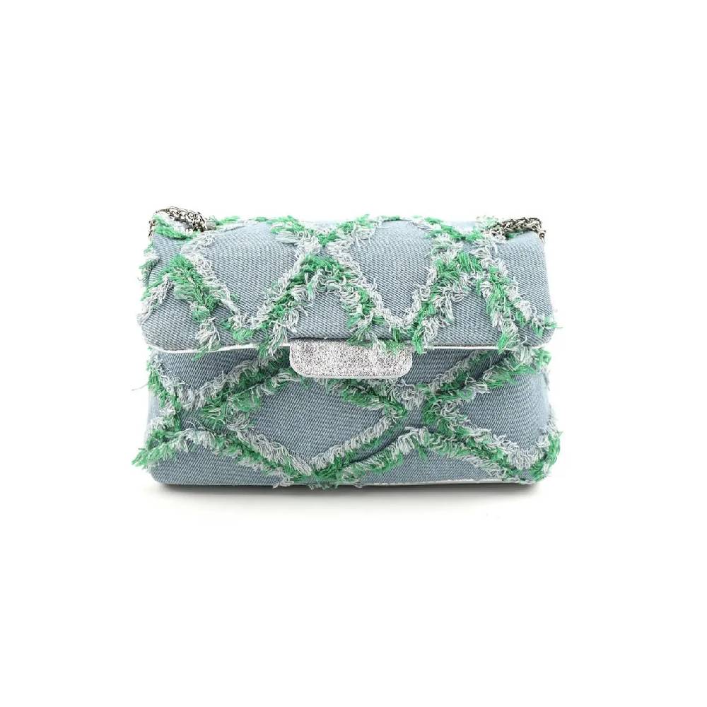 OBC MADE IN ITALY Damen Vintage Jeans Denim Leder Tasche Kettengriff Umhängetasche Clutch Jeanstasche Schultertasche Umhängetasche gesteppte Used Look Cross Over Body Bag Black Friday Preise