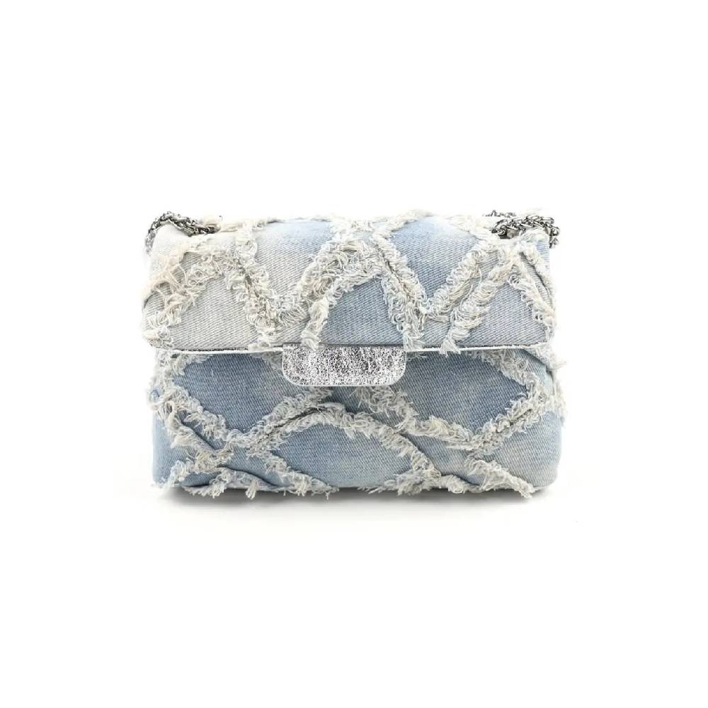 OBC MADE IN ITALY Damen Vintage Jeans Denim Leder Tasche Kettengriff Umhängetasche Clutch Jeanstasche Schultertasche Umhängetasche gesteppte Used Look Cross Over Body Bag Black Friday Preise