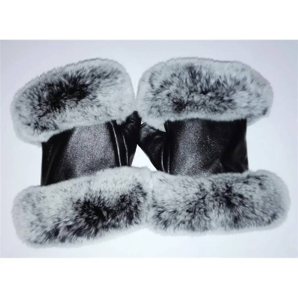 OBC DAMEN warme Handschuhe echt LEDER echt FELL Kaninfell Kaninchen Winter & Herbst Winterhandschuhe flauschig schwarz weiß grau XL Verkauf