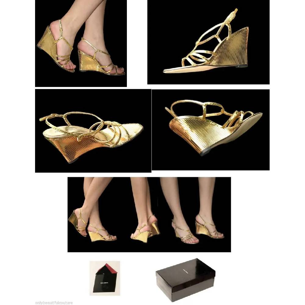 Dolce & Gabbana D&G HIGH HEELS Keil Sandalette Wedges Lederschuhe Schuhe Gold Hotsell