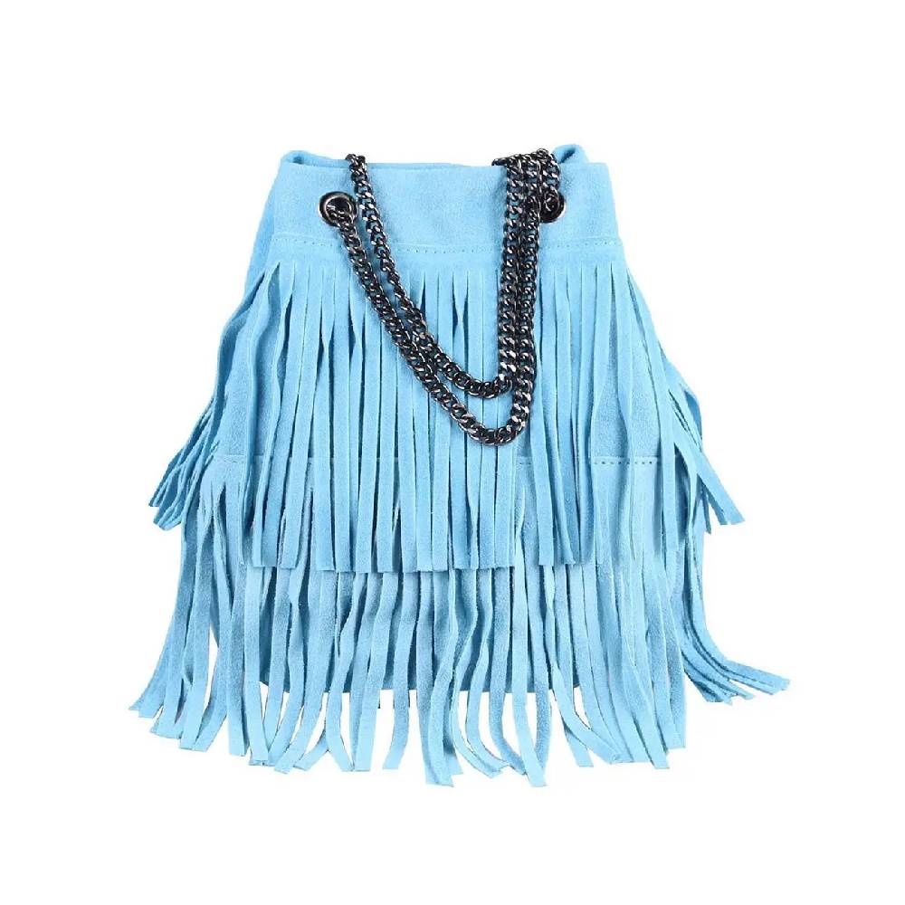 Made in Italy Damen Leder Tasche Fransen Shopper Kettentasche Beutel Wildleder Handtasche Umhängetasche Bucket Bag Schultertasche Ledertasche TR977 Cyber Monday
