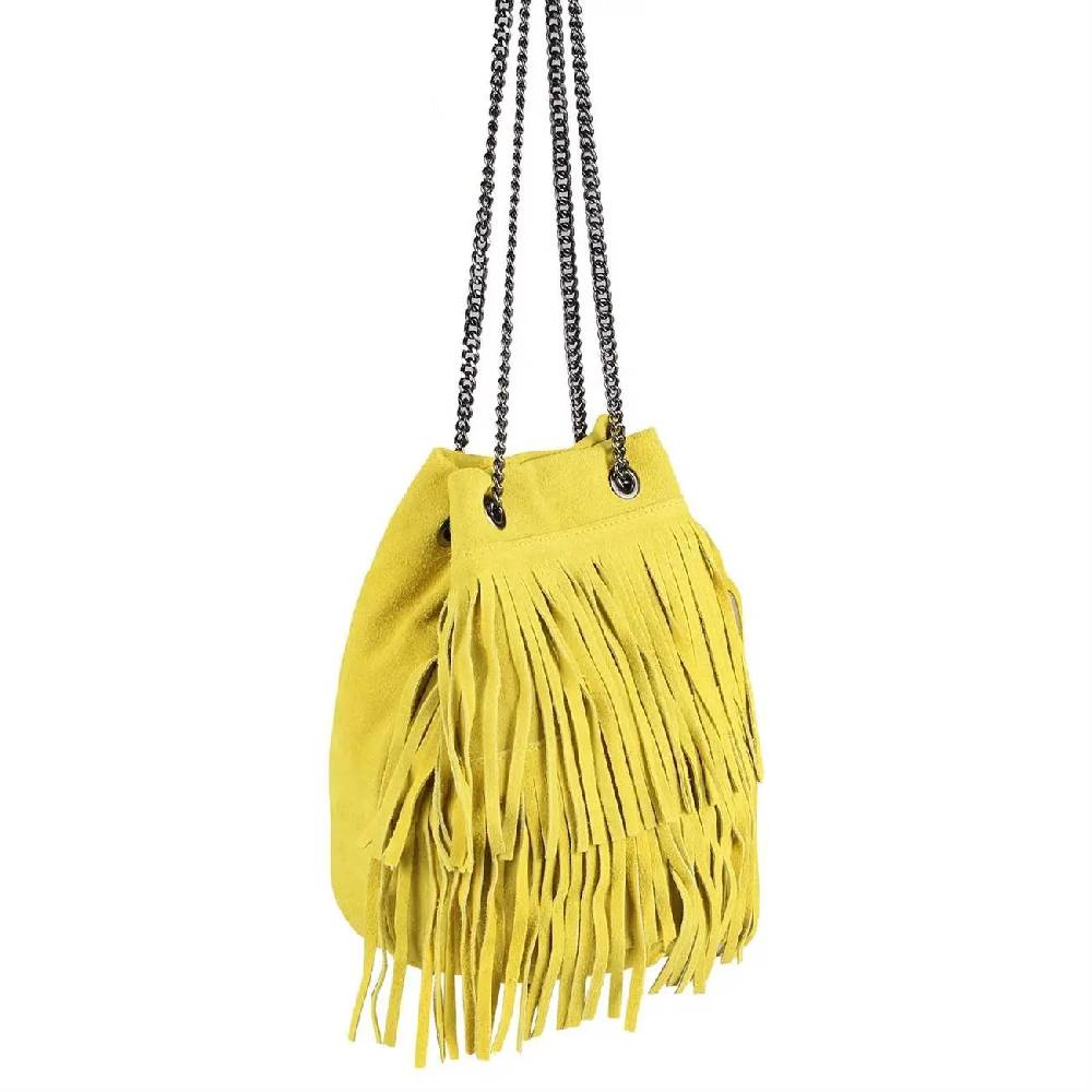 Made in Italy Damen Leder Tasche Fransen Shopper Kettentasche Beutel Wildleder Handtasche Umhängetasche Bucket Bag Schultertasche Ledertasche TR977 Cyber Monday