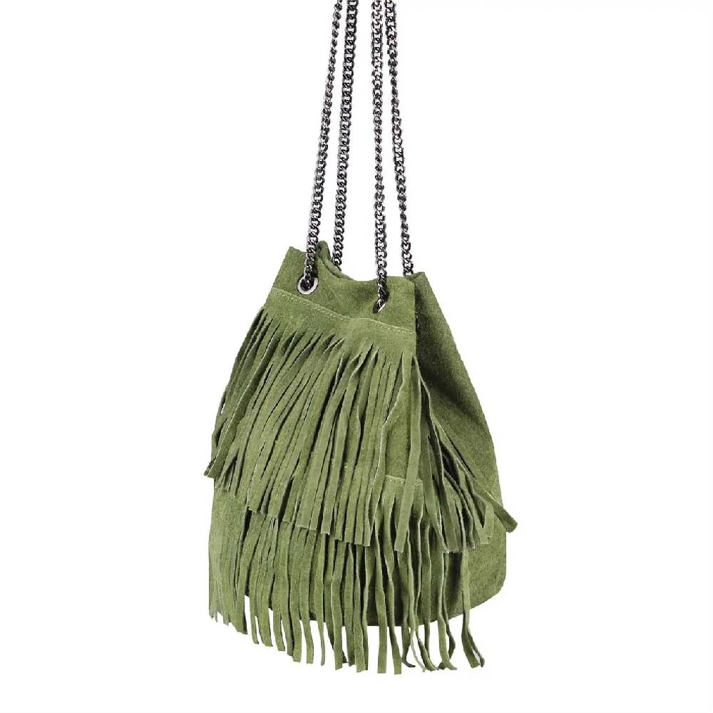 Made in Italy Damen Leder Tasche Fransen Shopper Kettentasche Beutel Wildleder Handtasche Umhängetasche Bucket Bag Schultertasche Ledertasche TR977 Cyber Monday