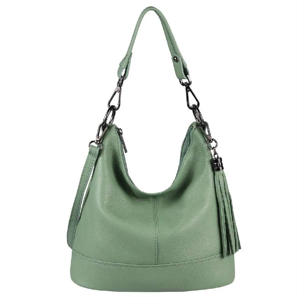 OBC Made in Italy Damen Leder Tasche Umhängetasche Shopper Schultertasche Handtasche Crossbody Hobo Bag Crossover Ledertasche Damentasche Fransen Muttertagsangebot