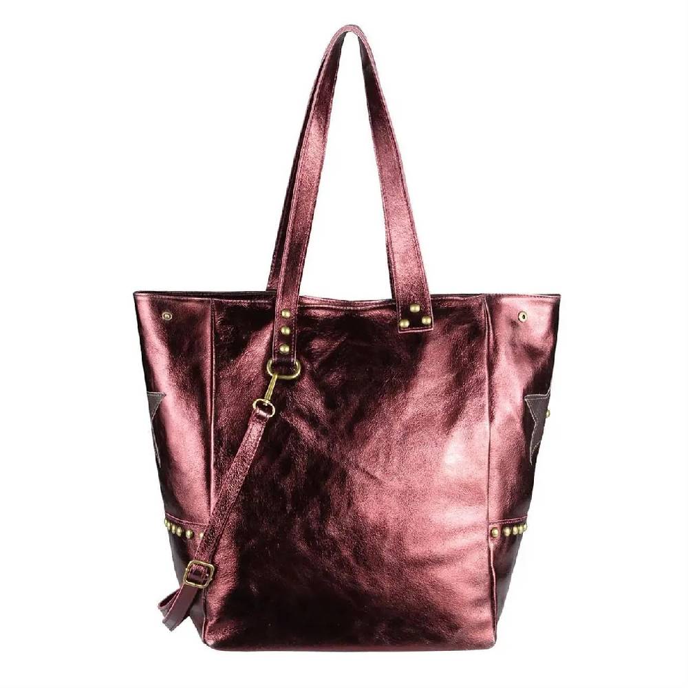 ITAL DAMEN Echt LEDER TASCHE Tote Bag Metallic Schultertasche DIN-A4 Shopper Handtasche Umhängetasche Crossbody Henkeltasche Beuteltasche Stern Nieten Tägliche Deals