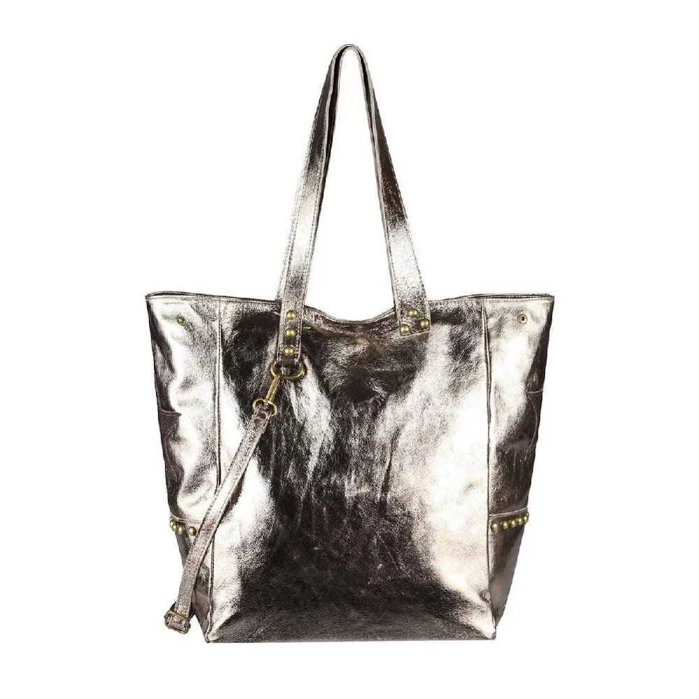 ITAL DAMEN Echt LEDER TASCHE Tote Bag Metallic Schultertasche DIN-A4 Shopper Handtasche Umhängetasche Crossbody Henkeltasche Beuteltasche Stern Nieten Tägliche Deals