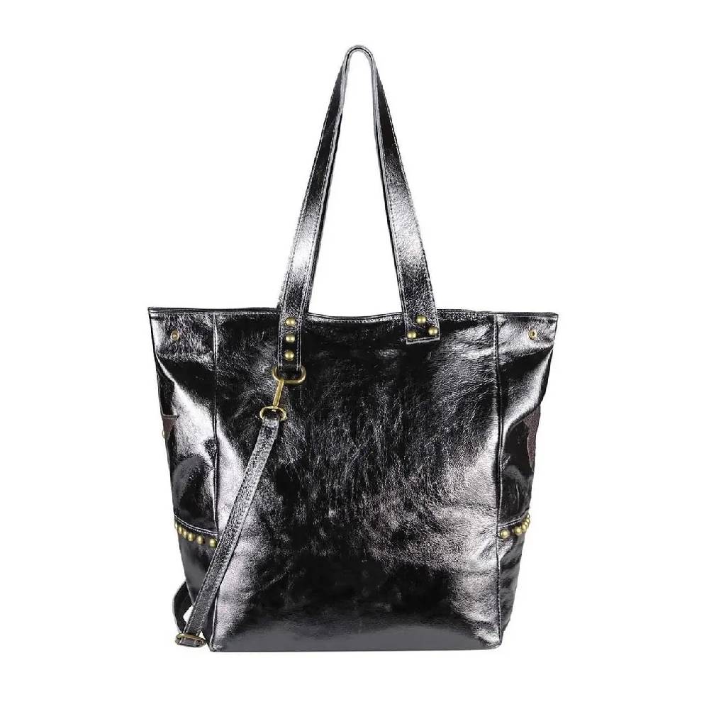 ITAL DAMEN Echt LEDER TASCHE Tote Bag Metallic Schultertasche DIN-A4 Shopper Handtasche Umhängetasche Crossbody Henkeltasche Beuteltasche Stern Nieten Tägliche Deals