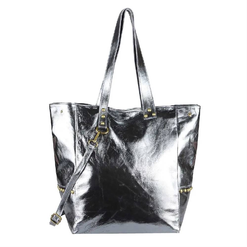 ITAL DAMEN Echt LEDER TASCHE Tote Bag Metallic Schultertasche DIN-A4 Shopper Handtasche Umhängetasche Crossbody Henkeltasche Beuteltasche Stern Nieten Tägliche Deals
