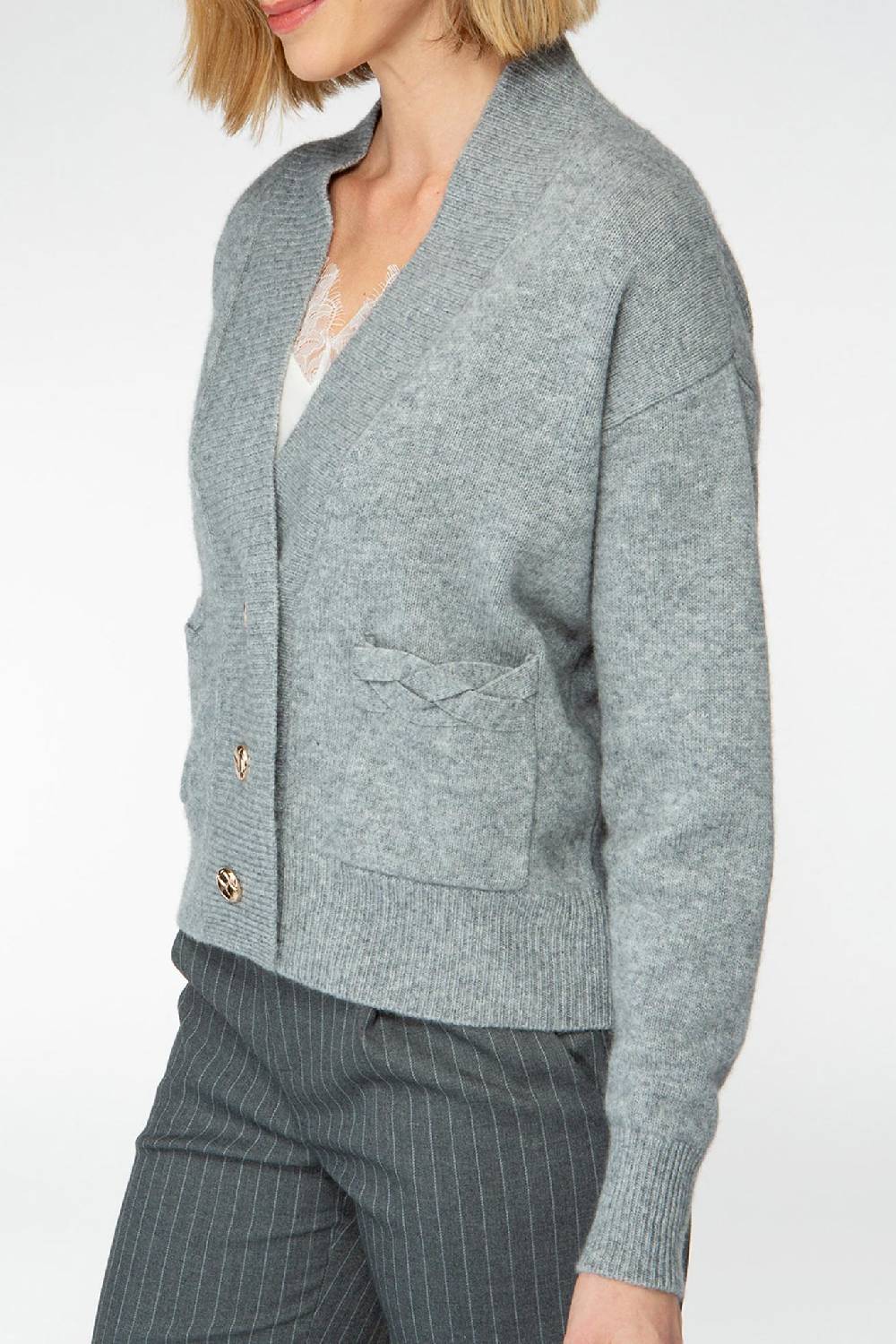 IVI GmbH SOLID KNIT Cardigan mit aufgesetzten Taschen grau-melange 50% Rabatt mit kostenlosem Versand