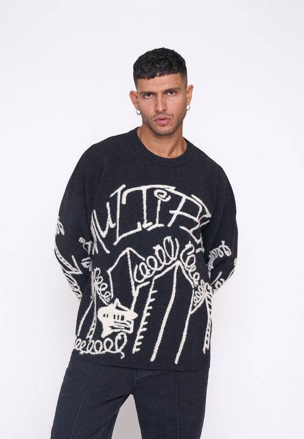 Multiply Spparel Oversize Knit Sweater DOWNTOWN Black Osterangebot