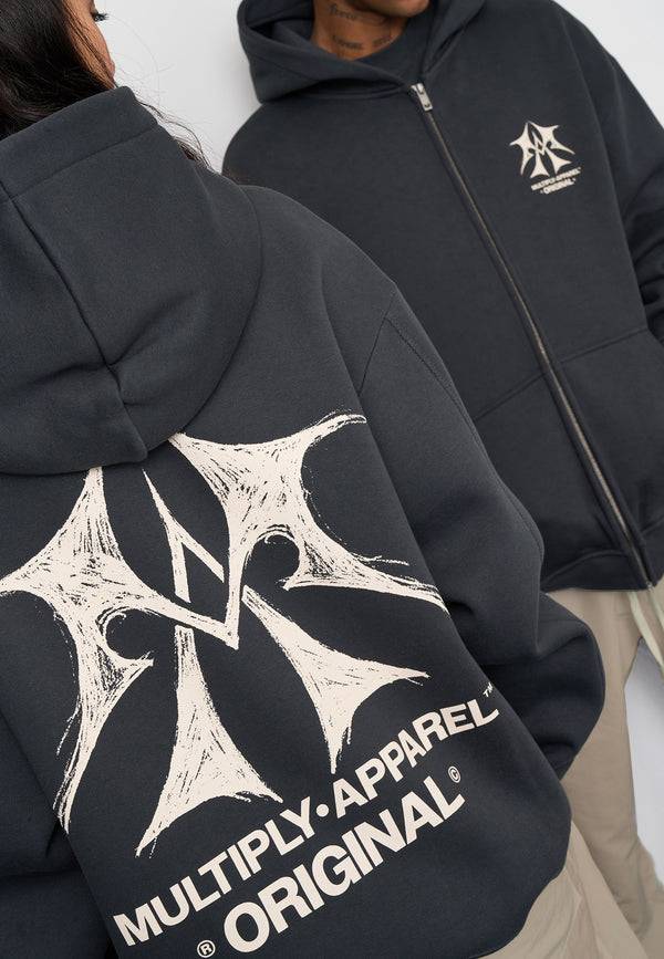 Multiply Spparel Oversize Zip Hoodie SKETCH Black Soda Washed Letzte 3 Tage