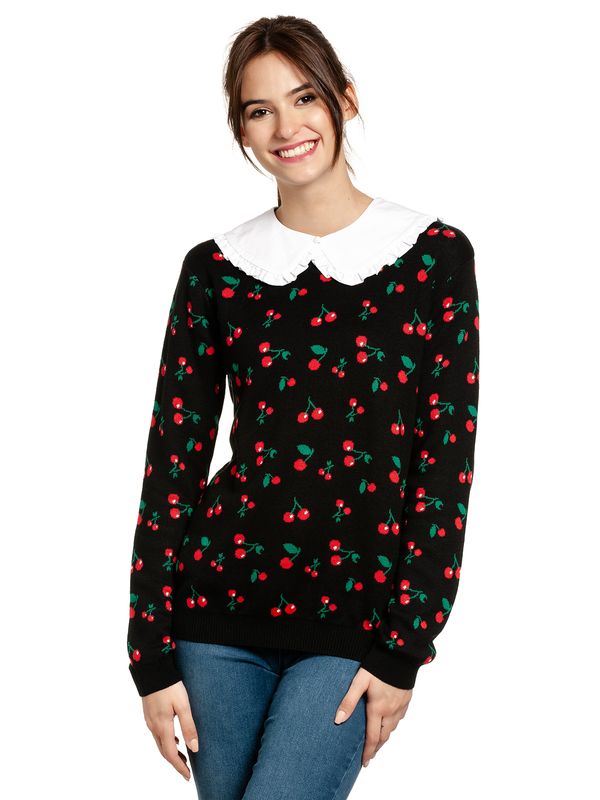 Nastrovje Potsdam Pussy Deluxe Cherries Damen Strickpullover schwarz allover Auslauf