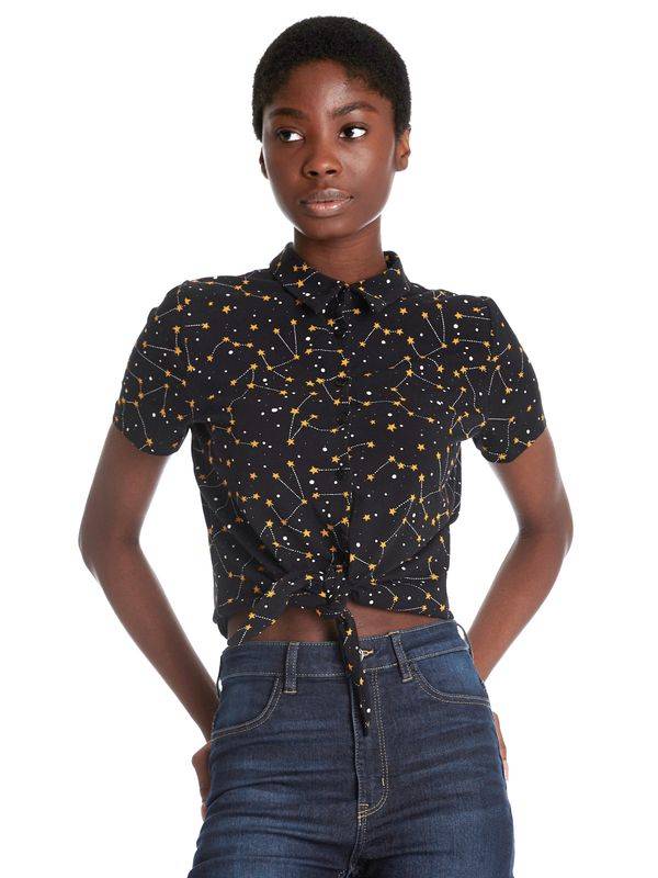 Nastrovje Potsdam Pussy Deluxe Celestial Stars Damen Kurzarmbluse schwarz allover Black Friday Preise