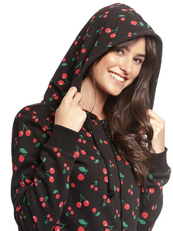 Nastrovje Potsdam Pussy Deluxe Cherries Damen Kapuzensweatjacke schwarz allover Sonderangebot der Fabrik