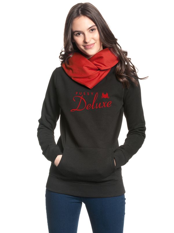 Nastrovje Potsdam Pussy Deluxe Logo Damen Schalkragenpullover schwarz/rot Fabrikladen