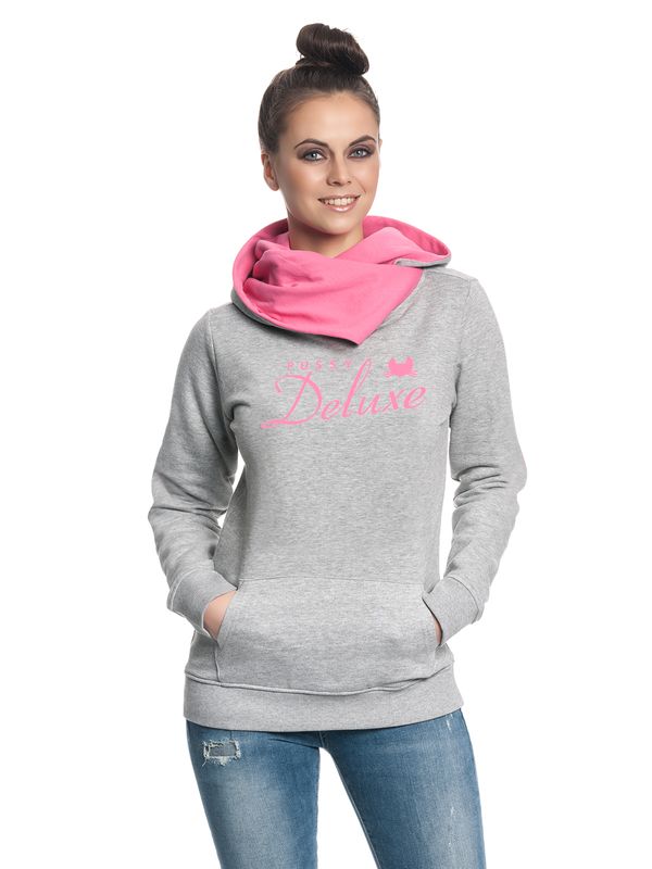 Nastrovje Potsdam Pussy Deluxe Logo Damen Schalkragenpullover grau meliert/pink Begrenzt auf 3 Tage