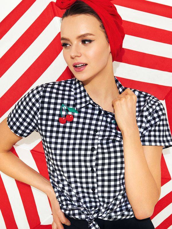 Nastrovje Potsdam Pussy Deluxe Plaid Short Damen Kurzarmbluse schwarz/weiß Begrenzt auf 3 Tage