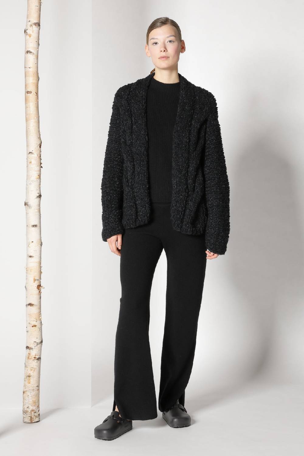 Sminfinity handknitted cable jacket + pure all needle top + pure slitted pants