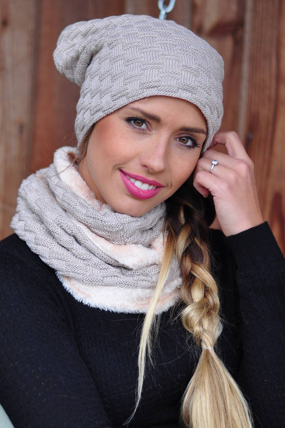 Stylebreaker Strick Schal und Beanie Mütze Set mit Flecht Muster und Fleece Speichern exportieren