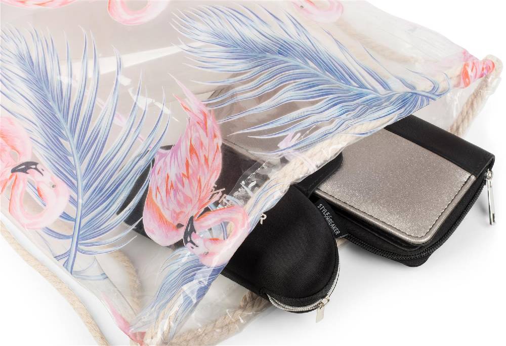Stylebreaker Transparenter Turnbeutel mit Flamingo und Palmen Vierteljährliche Förderung